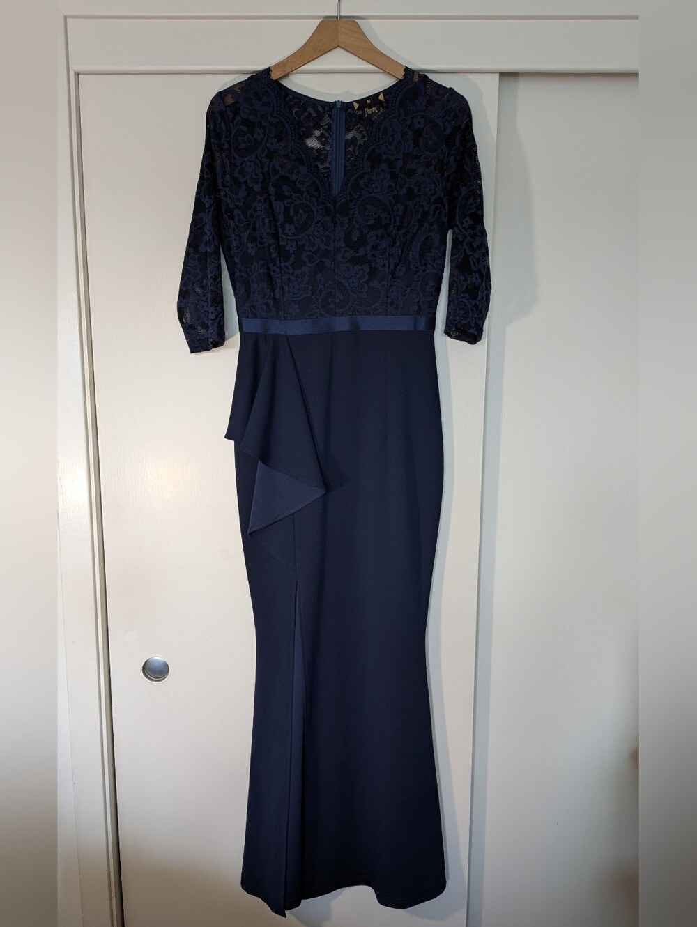 MISSMAY Women's Navy Floral Lace Half Sleeve Evening Party Ruffle Formal Long